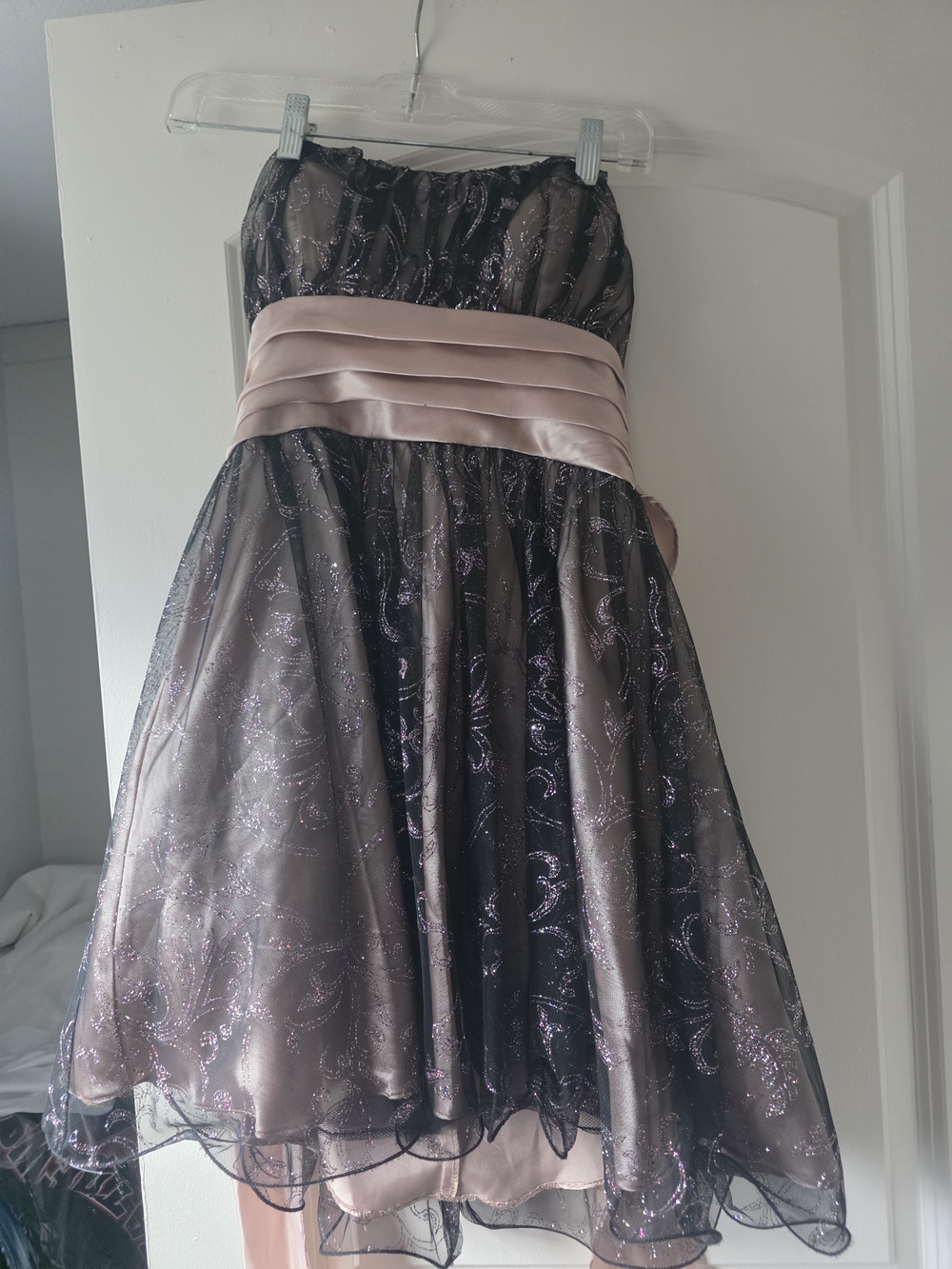 Deb Black Strapless Party Dress with Blush Waistband